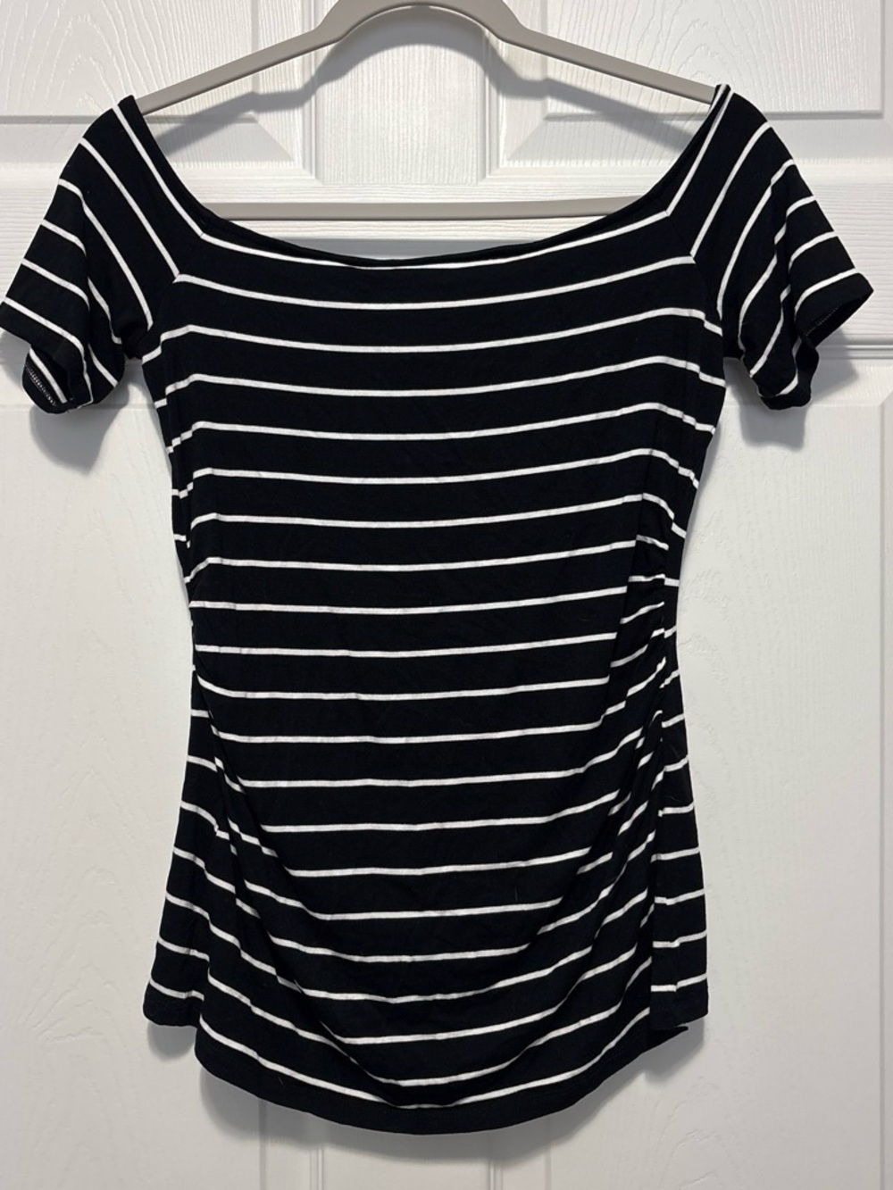 White House Black Market Black & White Striped off the shoulder Short Sleeve Top